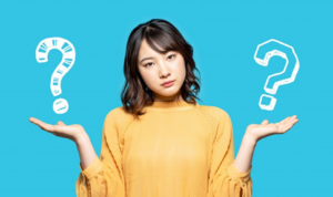 Woman on blue background holding up hands to support question mark illustrations
